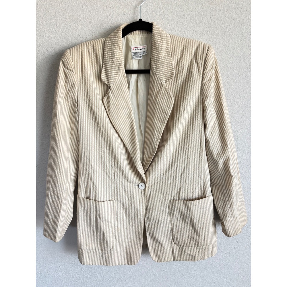Talbots Blazer 6 Tan White Seersucker Striped Cotton Vintage Made in USA